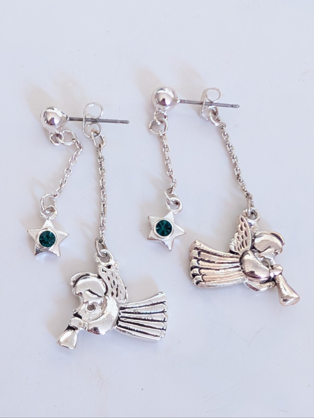 Vintage Danecraft Silver Tone Cherub Angel Christmas Holiday Star Earrings